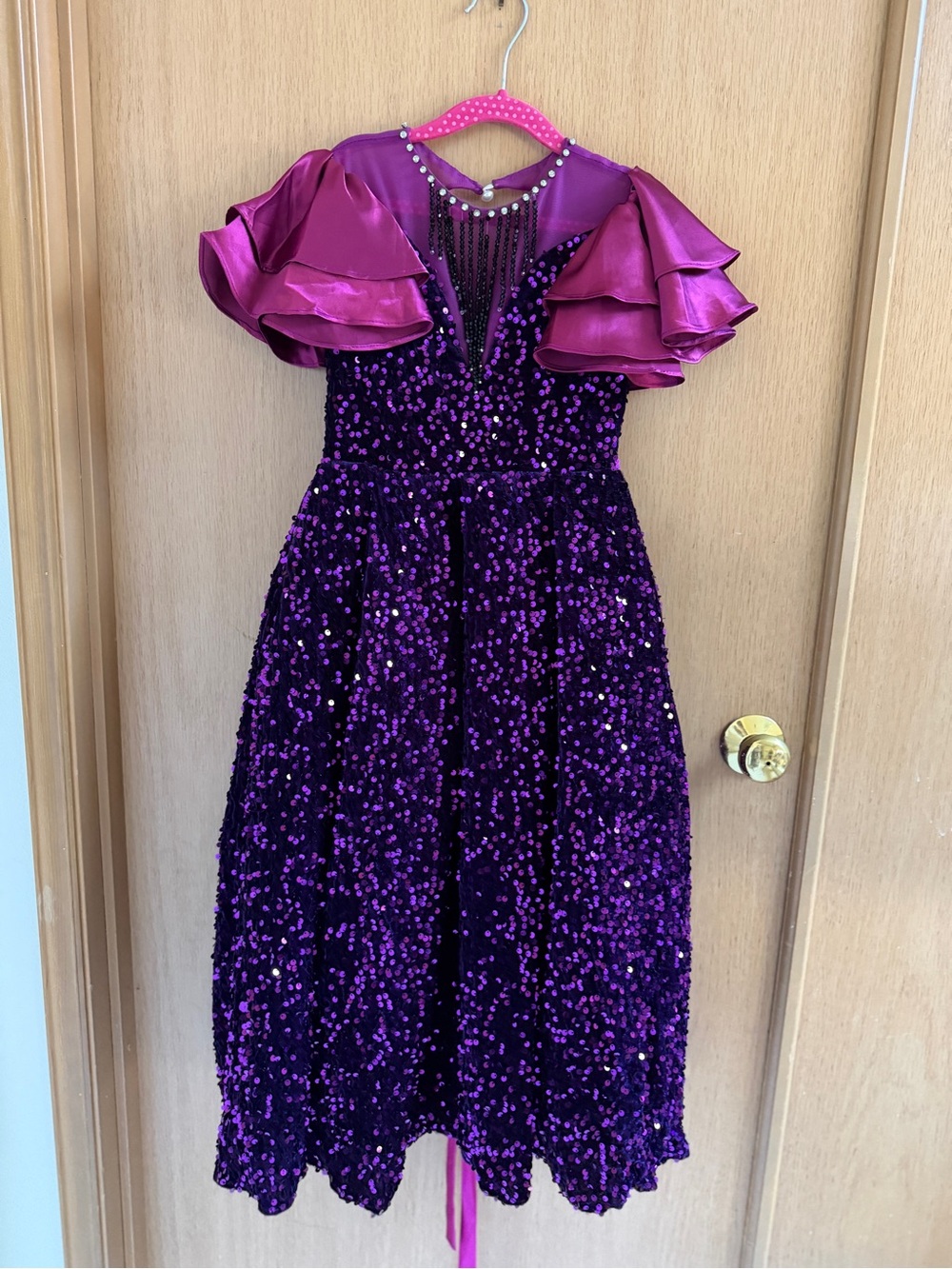 Girls Purple Sequin Party Dress with Satin Ruffle Sleeves 6-8T
